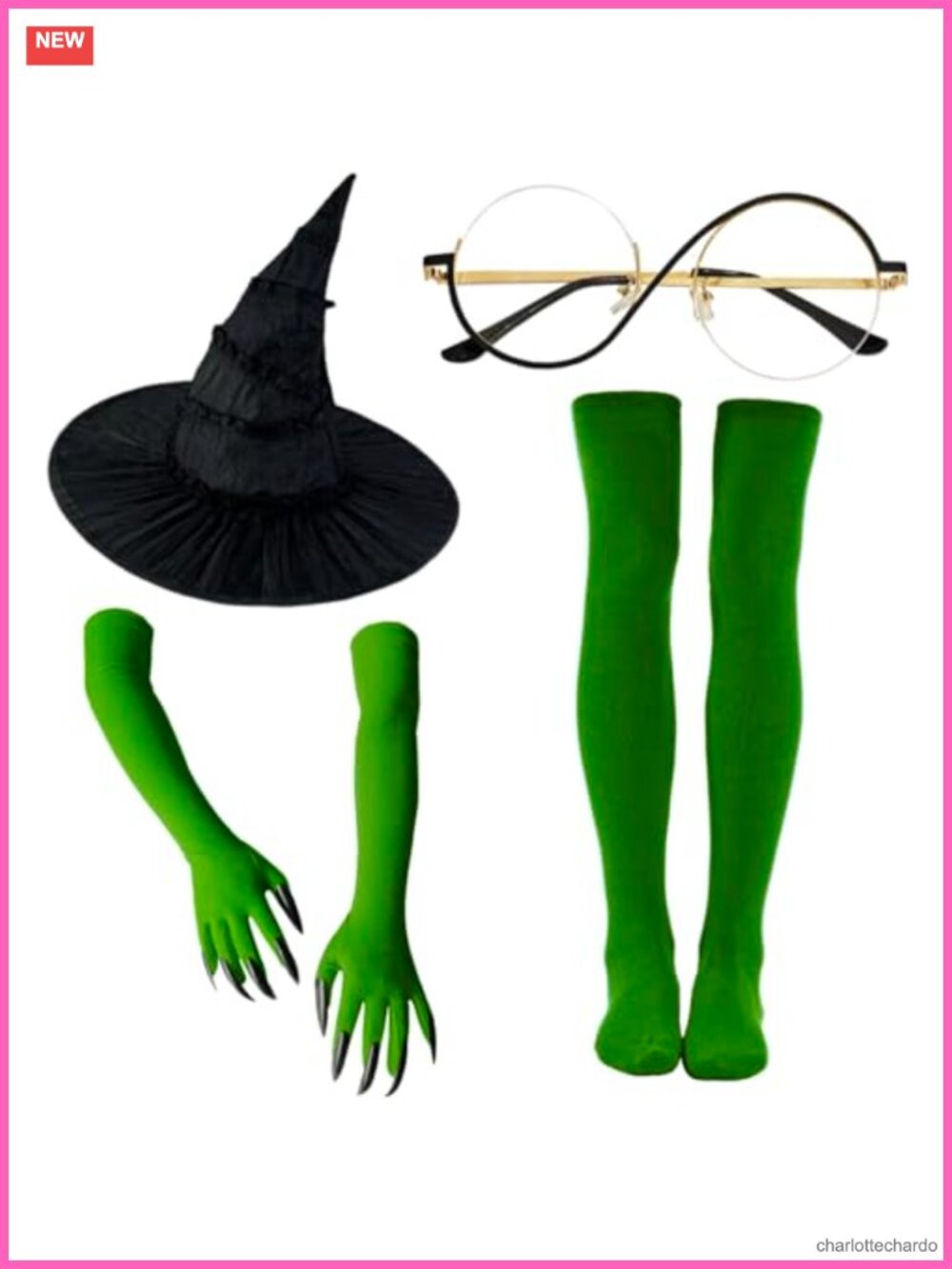 Witch Costume Accessory Set Hat Round Glasses Claw Gloves Socks Halloween